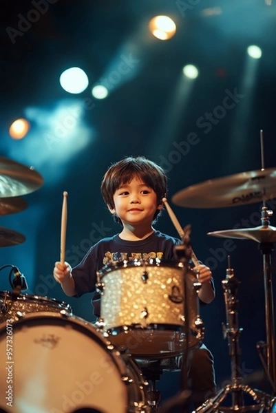 Fototapeta A young boy joyfully playing drums on stage, illuminated by colorful stage lights during a performance.