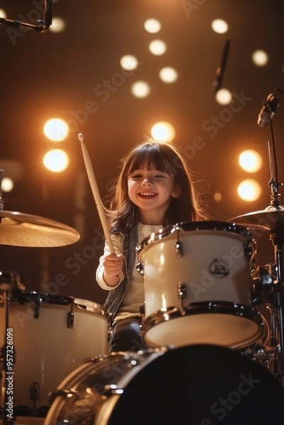 Fototapeta Smiling young girl playing drums on a brightly lit stage, showcasing joy and passion for music and performance.