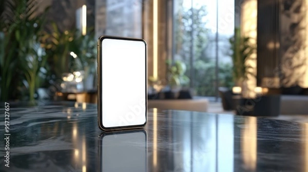 Fototapeta A 3D render of a blank screen smartphone on a luxury countertop