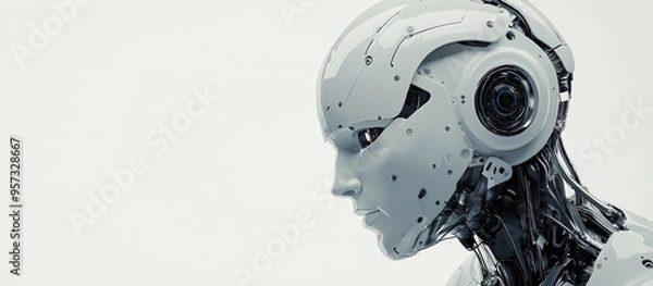 Obraz 3D illustration of a futuristic cyborg identity profile picture on a plain white background