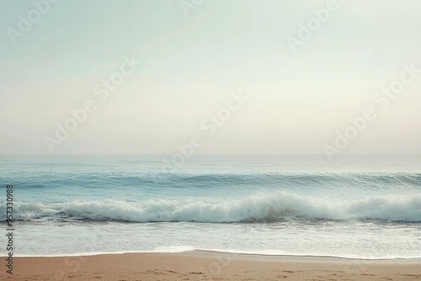 Fototapeta Serene beach scene with soft waves and misty horizon