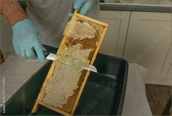 Obraz Uncapping the cells to harvest the honey