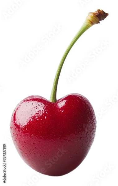 Fototapeta Heart-shaped red cherry with water droplets isolated on transparent background