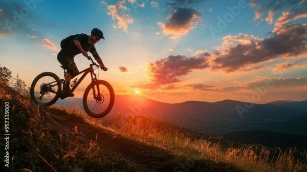 Fototapeta Mountain Biker at Sunset