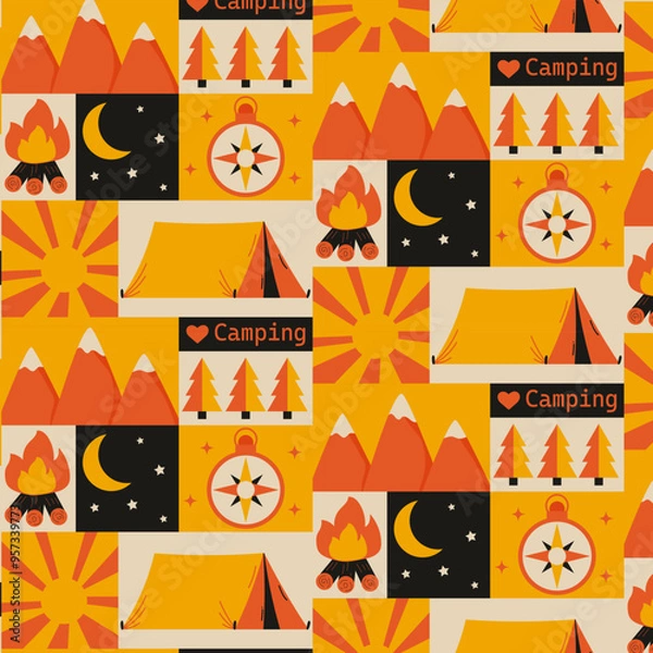 Fototapeta Retro geometric pattern on the theme of camping with a tent, mountains, sun, compass, campfire in the flat style.