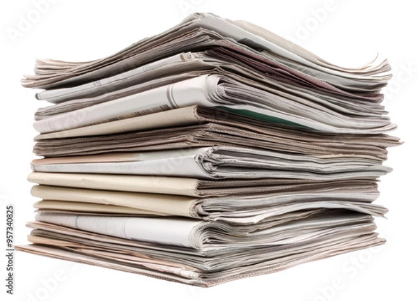 Fototapeta Stack of old newspapers ready for recycling at a local facility isolated on transparent background