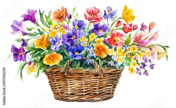 Fototapeta Colorful spring flowers arranged in a woven basket centerpiece isolated on transparent background