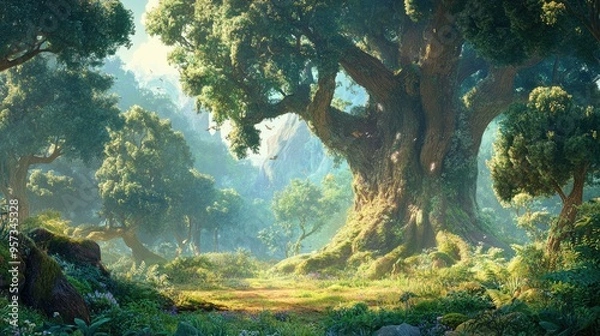 Fototapeta A beautiful fairytale enchanted forest with big trees and great vegetation 