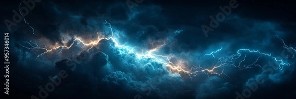 Obraz A dramatic lightning bolt splits the pitch-black sky, illuminating intricate cloud formations during a fierce storm in the night