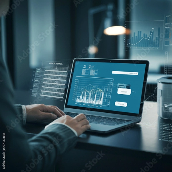Fototapeta Digital transformation strategy planning modern business office futuristic digital communication Statistics of business Management strategy