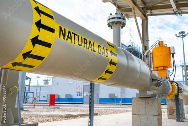 Fototapeta Straight section of gas pipeline before the gas volume regulating valve