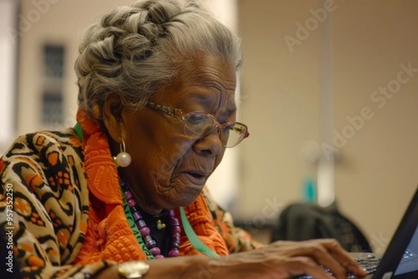 Fototapeta Senior Woman Focused on Learning Laptop Use for Healthcare Services Access in Tech Class