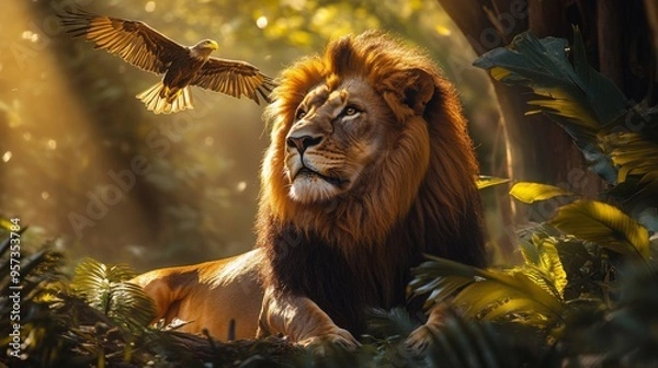 Fototapeta Majestic Lion in Jungle with Soaring Eagle, Symbolizing Strength, Determination & Vision in Motivational Nature Scene
