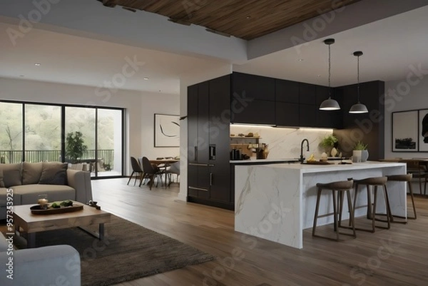 Fototapeta Modern living room and kitchen, home interior design concept, comfortable sofa and armchair, cozy carpet, coffee and diner table, and plants. Generative AI.