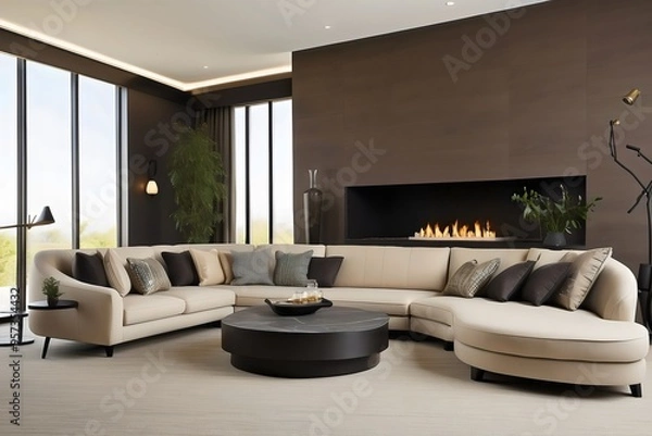 Fototapeta Modern living room, home interior design concept, comfortable white sofa, cozy carpet, coffee table, and plants. Generative AI.