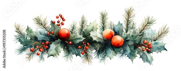 Fototapeta Wide web Merry Christmas horizontal banner with coniferous in watercolor style garland with mix of pine branches and holly berries, leaves, red baubles, Xmas decoration isolated on white background