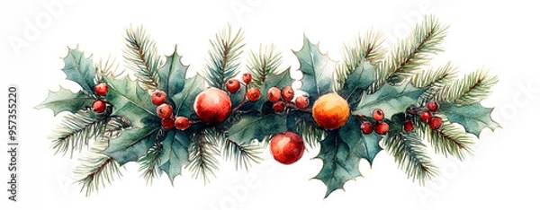 Fototapeta Wide web Merry Christmas horizontal banner with coniferous in watercolour style garland with mix of pine branches and holly berries, leaves, baubles, Xmas decoration isolated on white background