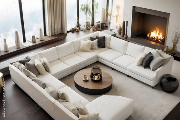 Fototapeta Modern living room, home interior design concept, comfortable white sofa, cozy carpet, coffee table, and plants. Generative AI.