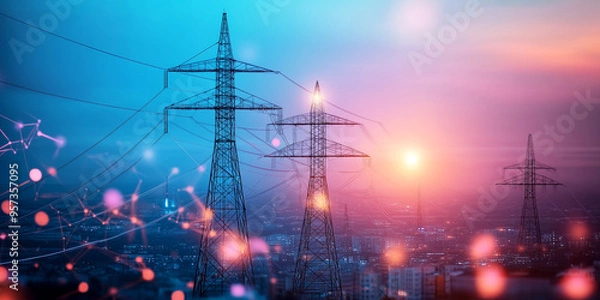 Obraz A modern power line illuminates on a quietude at dusk near the countryside. Generative AI.	