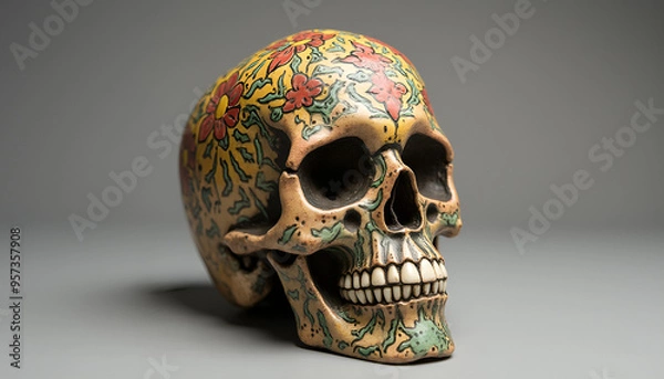 Fototapeta A human skull made of clay or ceramic, with intricate details and vibrant colours, featuring traditional patterns and artistic motifs.