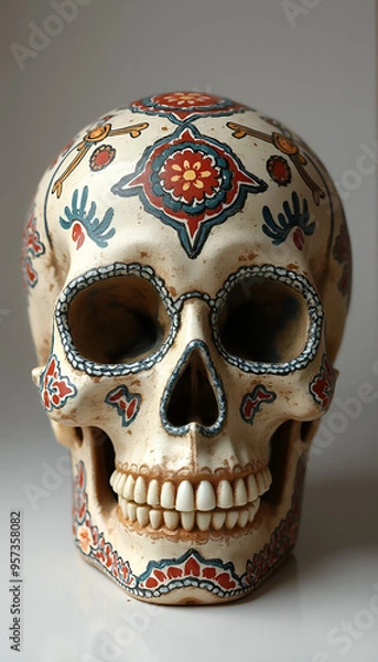 Fototapeta A human skull made of clay or ceramic, with intricate details and vibrant colours, featuring traditional patterns and artistic motifs.