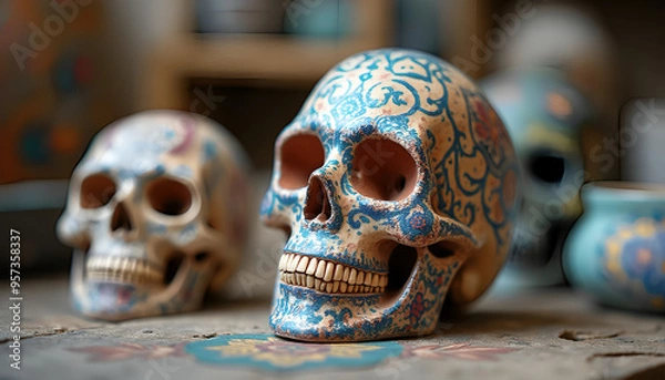 Fototapeta A human skull made of clay or ceramic, with intricate details and vibrant colours, featuring traditional patterns and artistic motifs.