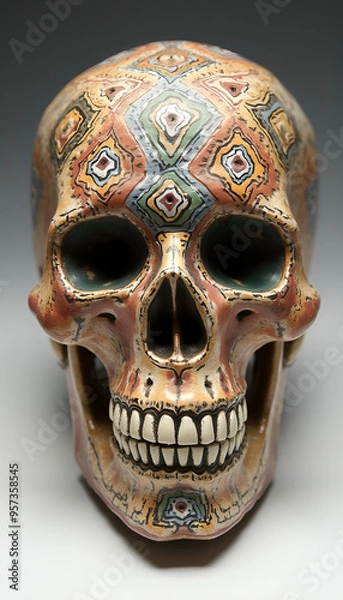Fototapeta A human skull made of clay or ceramic, with intricate details and vibrant colours, featuring traditional patterns and artistic motifs.