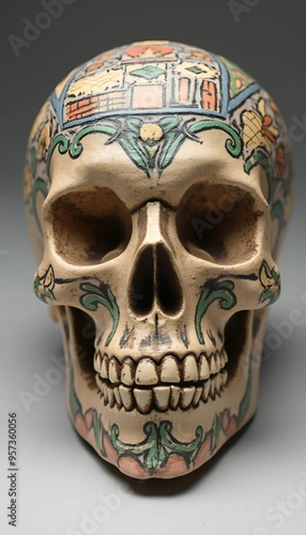 Fototapeta A human skull made of clay or ceramic, with intricate details and vibrant colours, featuring traditional patterns and artistic motifs.