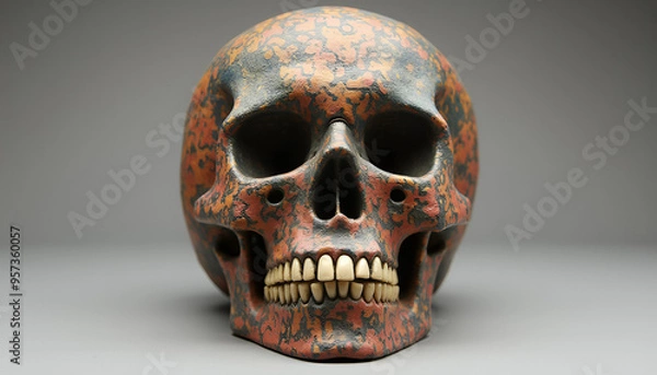 Fototapeta A human skull made of clay or ceramic, with intricate details and vibrant colours, featuring traditional patterns and artistic motifs.
