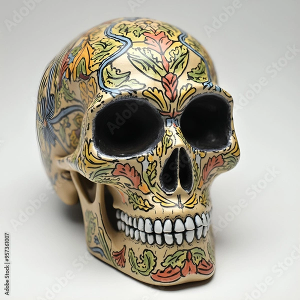 Fototapeta A human skull made of clay or ceramic, with intricate details and vibrant colours, featuring traditional patterns and artistic motifs.