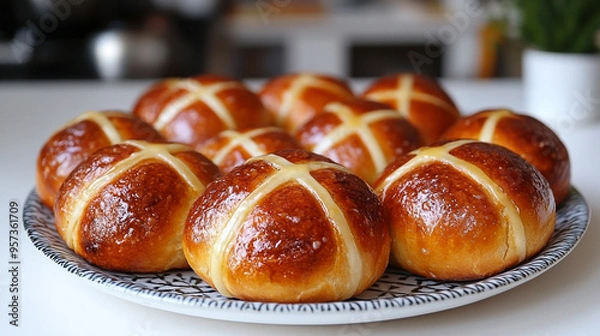 Fototapeta golden hot cross buns sits on a white table, symbolizing tradition and Easter celebrations. The buns, marked with a cross, convey warmth, comfort, and a sense of togetherness