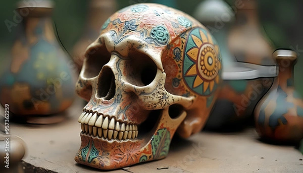 Fototapeta A human skull made of clay or ceramic, with intricate details and vibrant colours, featuring traditional patterns and artistic motifs.