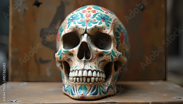 Fototapeta A human skull made of clay or ceramic, with intricate details and vibrant colours, featuring traditional patterns and artistic motifs.