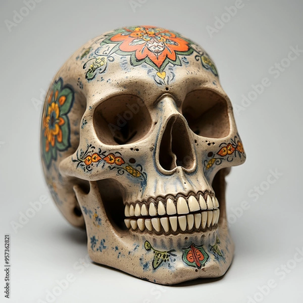 Fototapeta A human skull made of clay or ceramic, with intricate details and vibrant colours, featuring traditional patterns and artistic motifs.