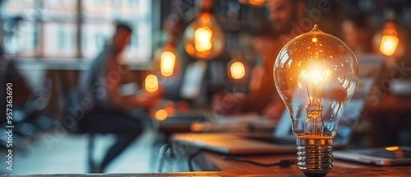 Fototapeta Creative business team brainstorming and ideating for innovative projects, lightbulb shining star