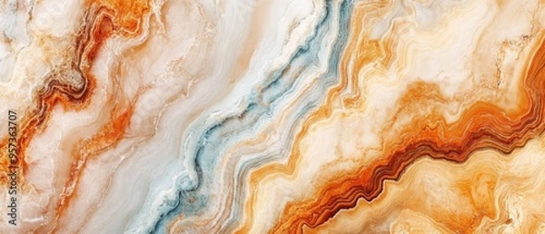 Fototapeta A large piece of art with a blue and white stripe and orange and brown swirls