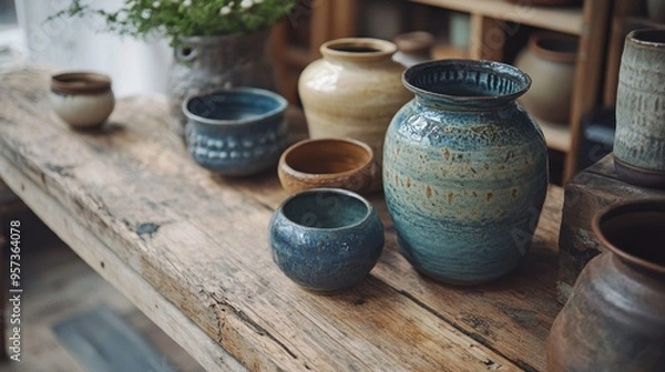Fototapeta Handmade pottery on a rustic table