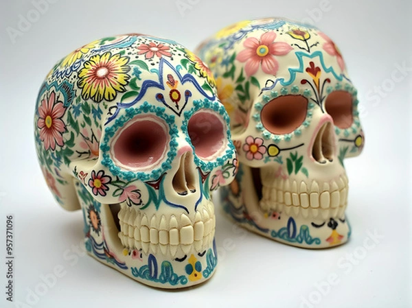 Fototapeta A sugar skull designed to mimic a human skull decorated with colorful patterns and floral motifs in vibrant colors
