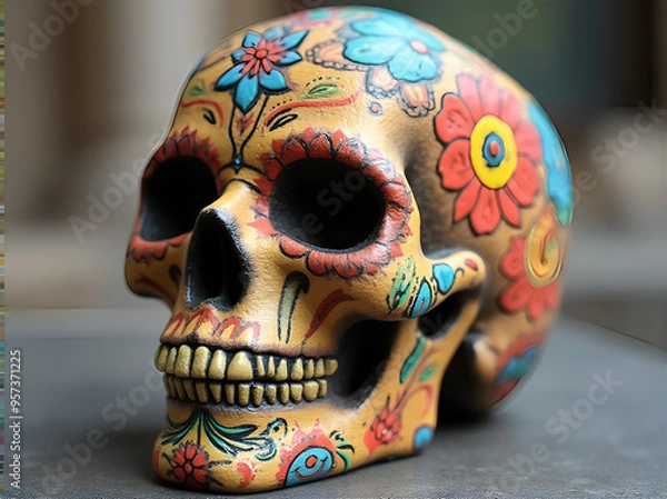 Fototapeta A sugar skull designed to mimic a human skull decorated with colorful patterns and floral motifs in vibrant colors
