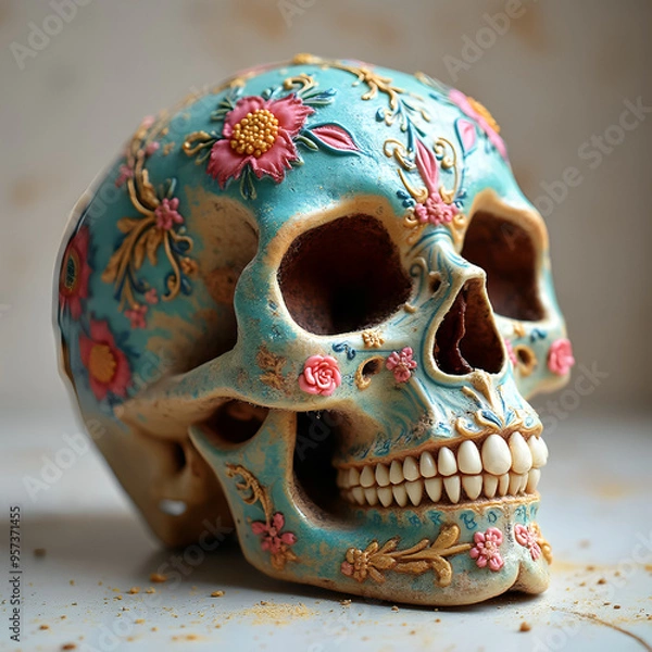 Fototapeta A sugar skull designed to mimic a human skull decorated with colorful patterns and floral motifs in vibrant colors
