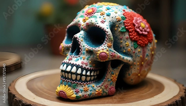 Fototapeta A sugar skull designed to mimic a human skull decorated with colorful patterns and floral motifs in vibrant colors
