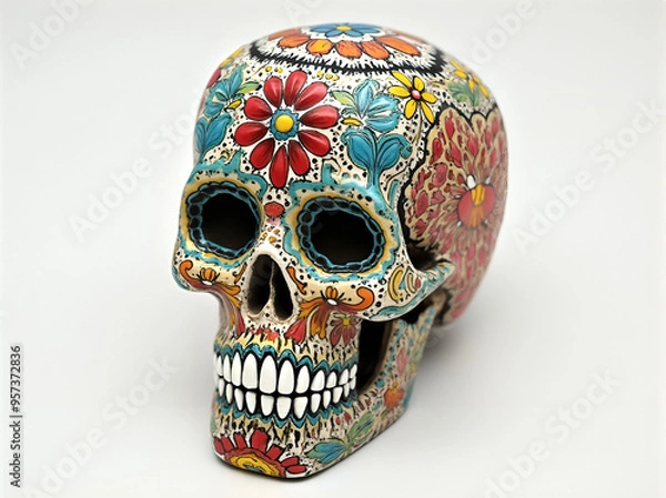 Obraz A sugar skull designed to mimic a human skull decorated with colorful patterns and floral motifs in vibrant colors
