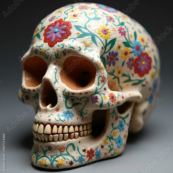 Fototapeta A sugar skull designed to mimic a human skull decorated with colorful patterns and floral motifs in vibrant colors
