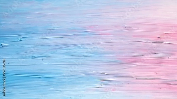 Fototapeta Close-up of soft blue and pink oil paint brush strokes on a canvas, creating a pastel-toned abstract background. Suitable for banners, marketing materials, and design projects with copy space.

