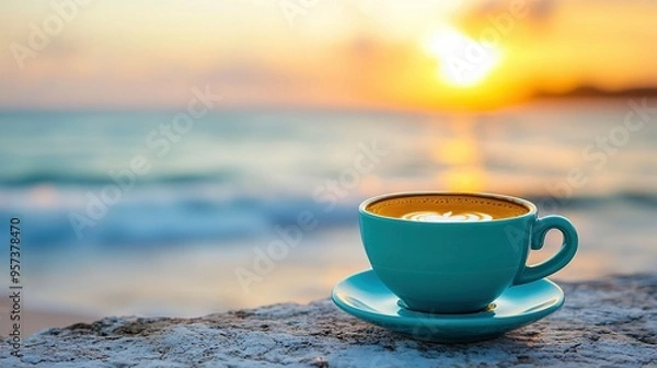Obraz   A coffee cup resting atop a boulder by the seaside during sunset