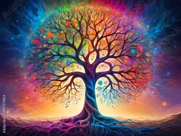 Obraz A majestic tree with neural network shaped branches. Colorful foliage representing various regions of the brain. 