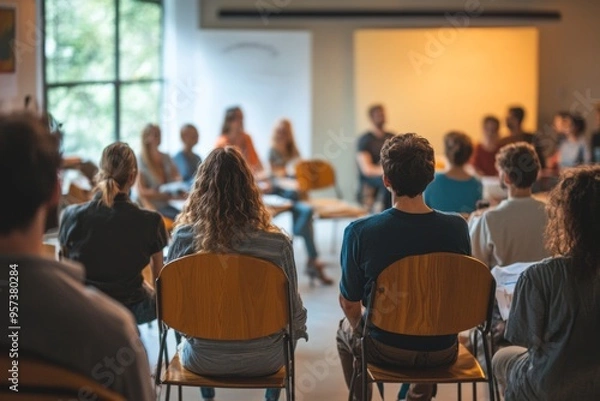 Obraz public forum or town hall meeting with citizens engaging in discussions, highlighting the democratic process of dialogue and community involvement, set in an open and inviting space