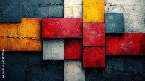 Fototapeta Abstract painting with geometric shapes, lines, blocks, squares, white background, modern art style. Modern contemporary painting. Abstract composition in oil on canvas. Painting Texture Background