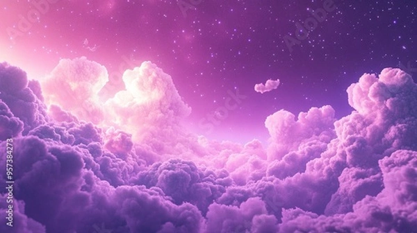 Fototapeta Fantasy sky with sugar cotton purple clouds in a dreamy background generative ai