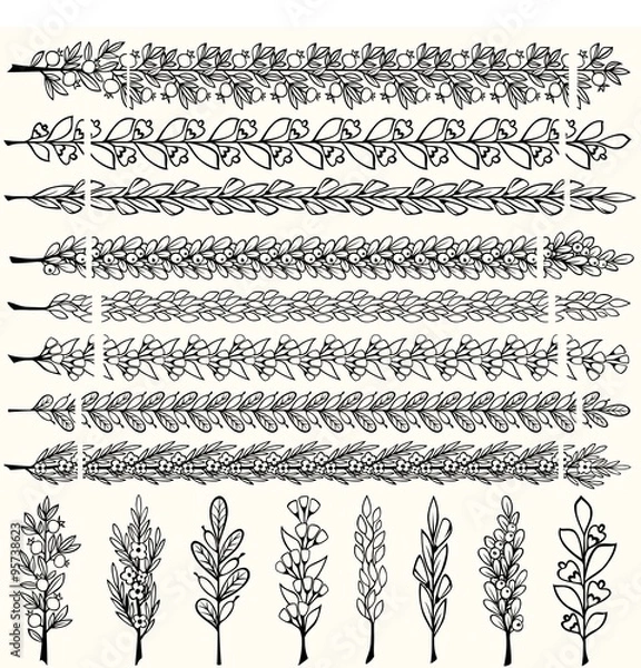 Fototapeta Hand drawn floral pattern borders and floral design elements set. Pattern and art brush templates. Vector illustration.